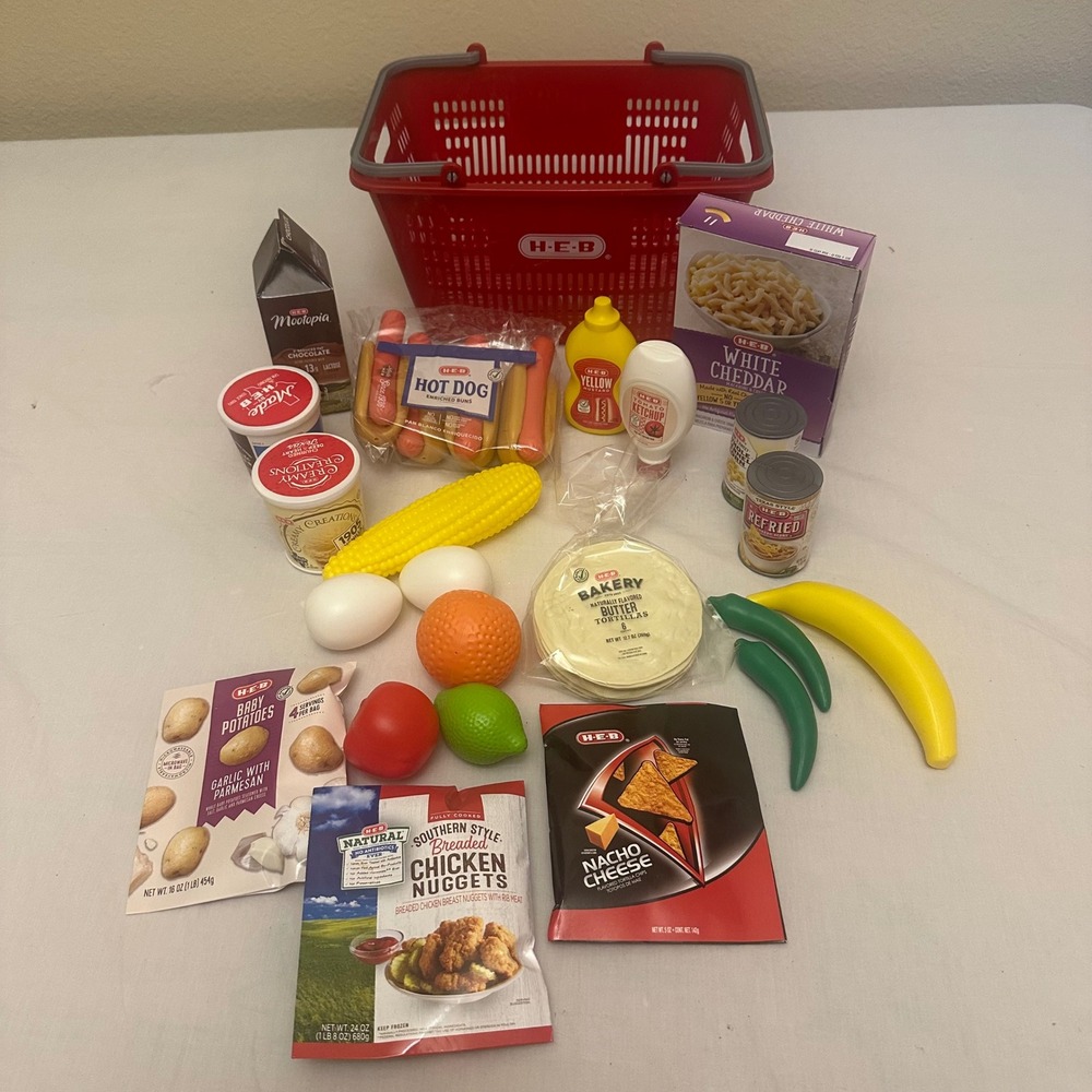 HEB Texas Grocery Store Play Food Set with Red Shopping Basket 20+ Pieces